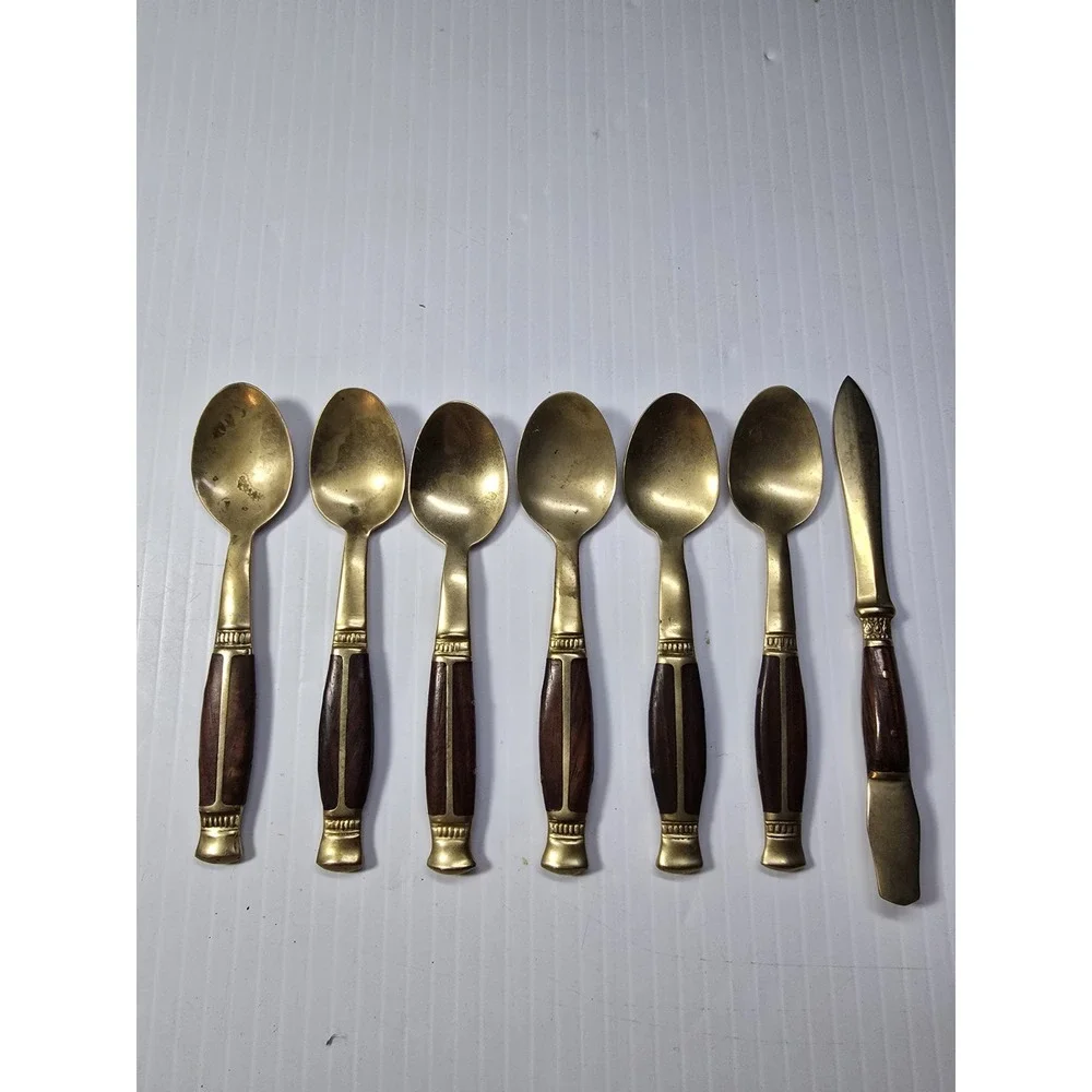 6 Thailand Brass/ Bronze Tea spoons with Teak Handle And Matching Letter Opener